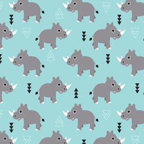 Cute Rhino jungle safari blue geometric woodland animals adorable kids illustration pattern in blue
