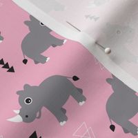 Cute Rhino jungle safari girls geometric woodland animals adorable kids illustration pattern in pink