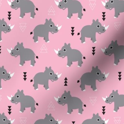 Cute Rhino jungle safari girls geometric woodland animals adorable kids illustration pattern in pink