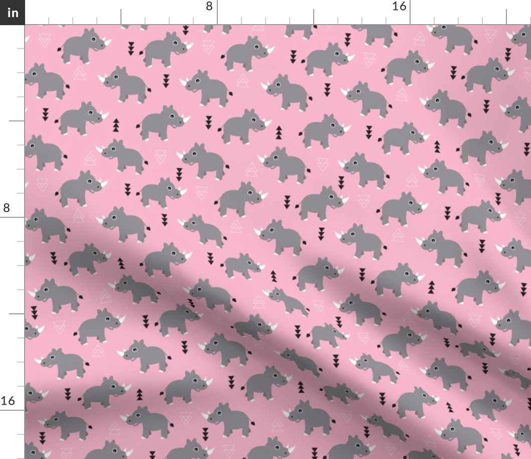Cute Rhino jungle safari girls geometric woodland animals adorable kids illustration pattern in pink