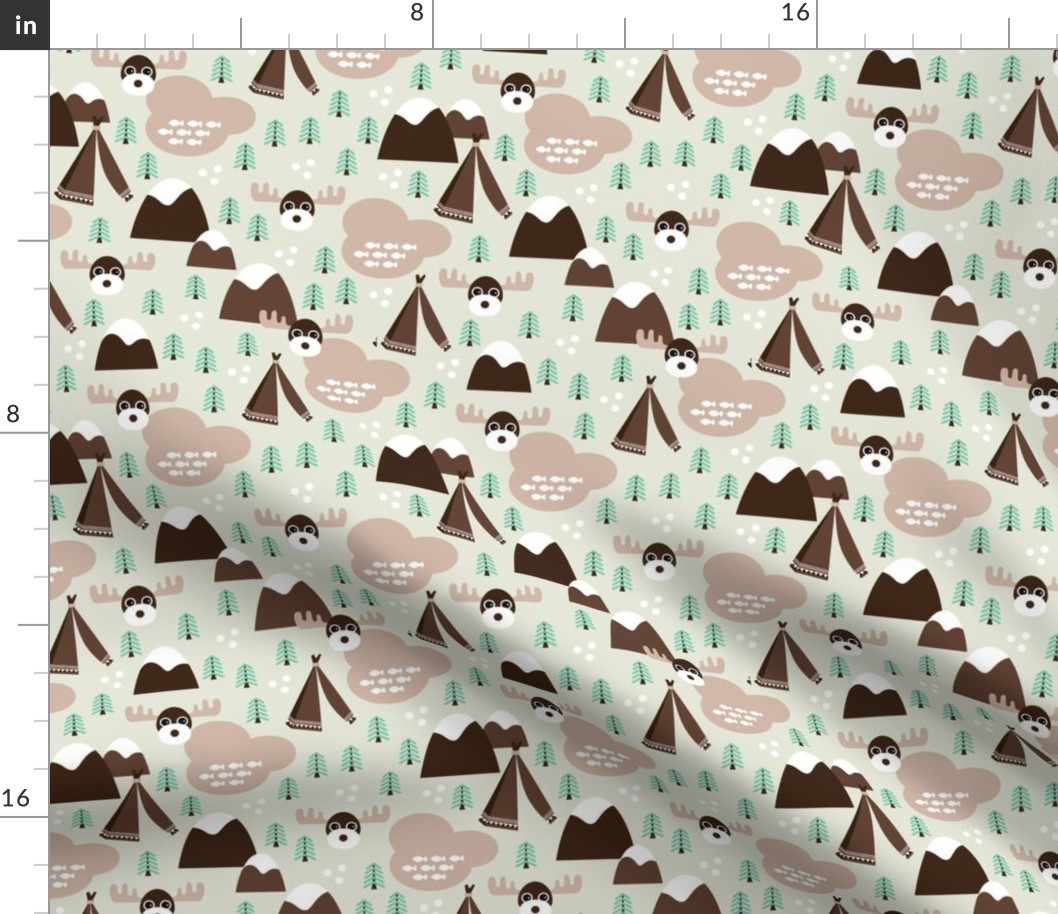 Fall and winter theme colors moose teepee and woodland forrest illustration print for kids