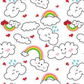 Kawaii Hearts, Rainbows, and Clouds in White