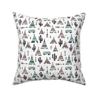 geometric happy camper van indian summer aztec arrows teepee and cactus illustration print in black white pastel baige and mint summer textiles