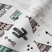 geometric happy camper van indian summer aztec arrows teepee and cactus illustration print in black white pastel baige and mint summer textiles