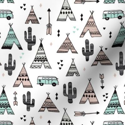 geometric happy camper van indian summer aztec arrows teepee and cactus illustration print in black white pastel baige and mint summer textiles