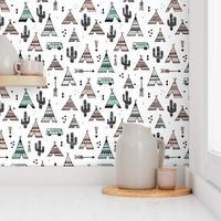 geometric happy camper van indian summer aztec arrows teepee and cactus illustration print in black white pastel baige and mint summer textiles