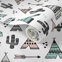 geometric happy camper van indian summer aztec arrows teepee and cactus illustration print in black white pastel baige and mint summer textiles