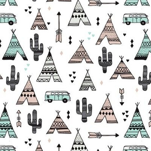 geometric happy camper van indian summer aztec arrows teepee and cactus illustration print in black white pastel baige and mint summer textiles
