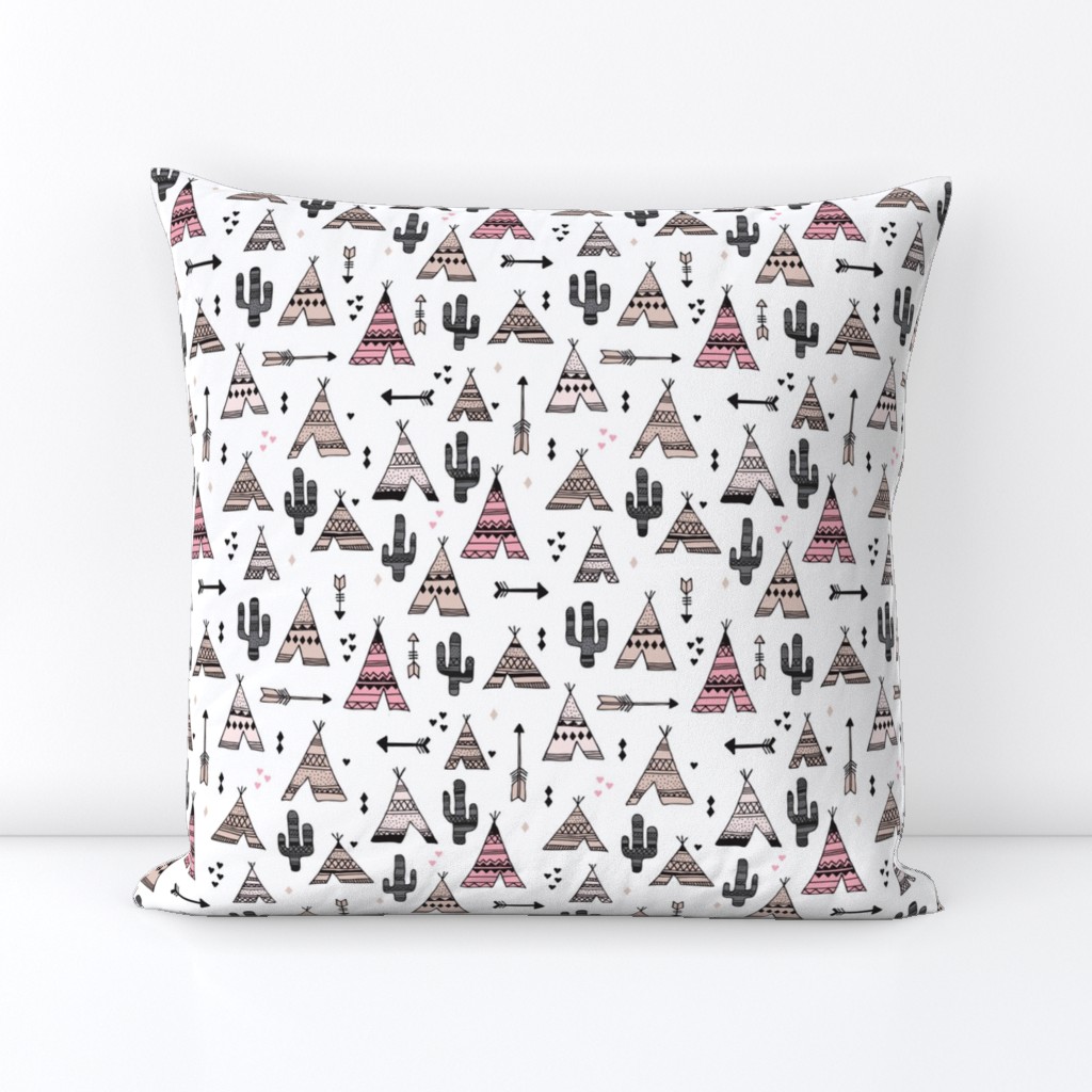 geometric indian summer aztec arrows teepee and cactus illustration print in black white pastel baige and pink for girls summer textiles