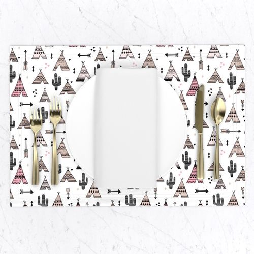 geometric indian summer aztec arrows teepee and cactus illustration print in black white pastel baige and pink for girls summer textiles