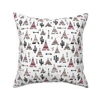 geometric indian summer aztec arrows teepee and cactus illustration print in black white pastel baige and pink for girls summer textiles