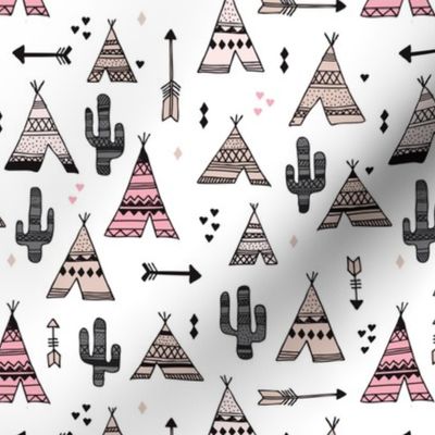 geometric indian summer aztec arrows teepee and cactus illustration print in black white pastel baige and pink for girls summer textiles