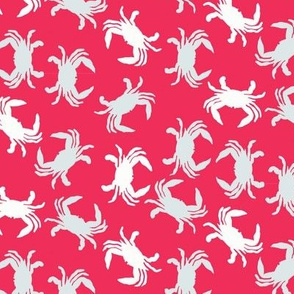 Crabs in Blue in White on Cherry Color Background