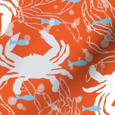 Blue & White Crabs on Orange with Fish