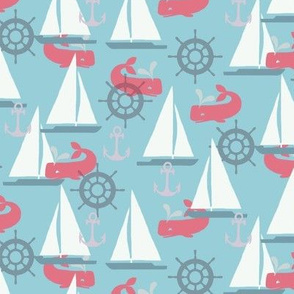 Sailboats on Blue with Whales