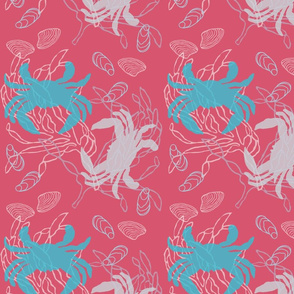 Blue & Gray Crabs on Cherry Pink with Shells & Kelp
