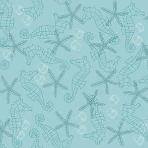 Seahorse and Starfish on Blues & Teals