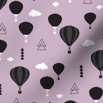 Geometric black and white hot air balloon triangle sky illustration scandinavian purple sky clouds style fabric