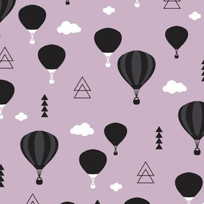 Geometric black and white hot air balloon triangle sky illustration scandinavian purple sky clouds style fabric