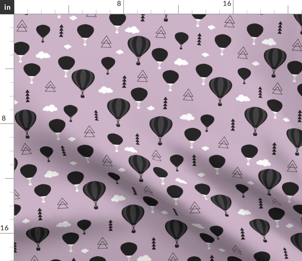 Geometric black and white hot air balloon triangle sky illustration scandinavian purple sky clouds style fabric