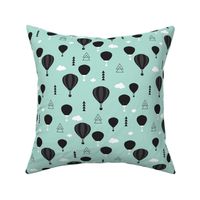 Geometric black and white hot air balloon triangle sky illustration scandinavian mint sky clouds style fabric