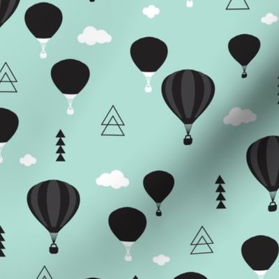 Geometric black and white hot air balloon triangle sky illustration scandinavian mint sky clouds style fabric