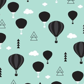 Geometric black and white hot air balloon triangle sky illustration scandinavian mint sky clouds style fabric
