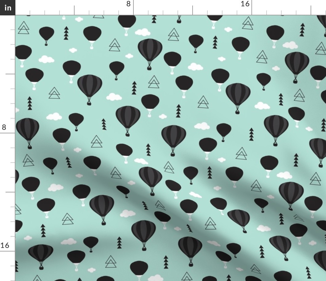 Geometric black and white hot air balloon triangle sky illustration scandinavian mint sky clouds style fabric