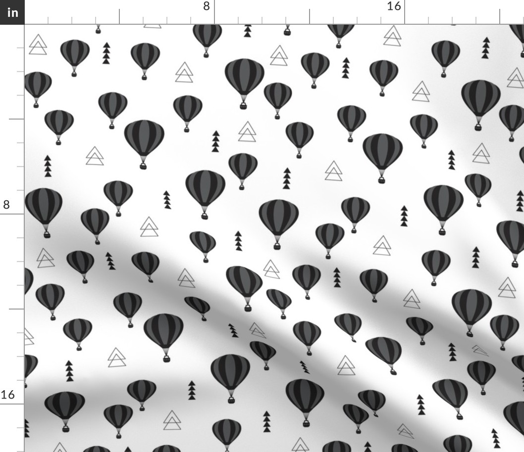 Geometric black and white hot air balloon triangle sky illustration scandinavian style fabric