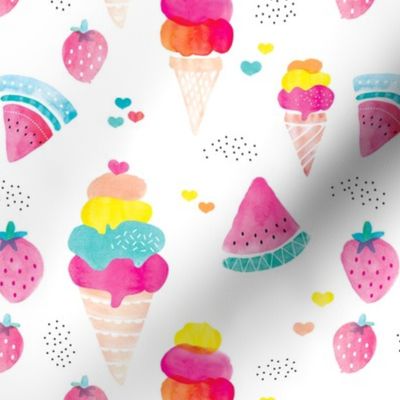 Colorful summer fruit ice cream water melon and strawberry illustration watercolors print