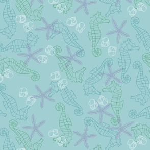 Blue & Green Seahorses on Peaceful Blue Background