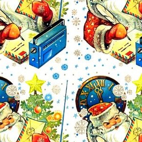 Merry Christmas Santa Claus clocks snowflakes stars trees baubles radios letters envelopes writing quills pens vintage retro kitsch whimsical