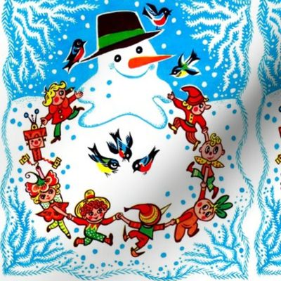 snowman snow winter birds winter elf elves Merry Christmas pixies imps gnomes dancing dance celebrating playing celebration vintage retro children