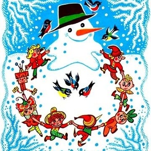 snowman snow winter birds winter elf elves Merry Christmas pixies imps gnomes dancing dance celebrating playing celebration vintage retro children