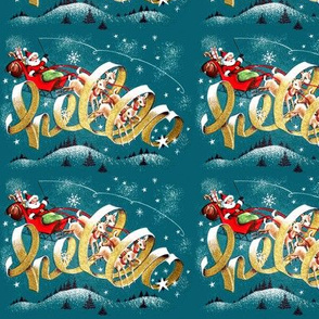 Merry Christmas Santa Claus sleigh snow gifts presents candy canes hello ribbons trumpets reindeer winter trees mountains vintage retro kitsch