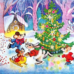 Merry Christmas winter snow trees mouse mice rats rabbits sleigh flowers skating ice skates cottages stars streamers baubles playing vintage ribbons