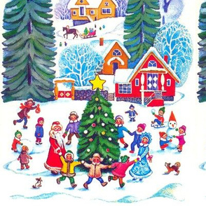 Santa Claus winter snow trees snowballs children snowman sleigh baubles dogs dancing cottages houses horses forests christmas boys girls