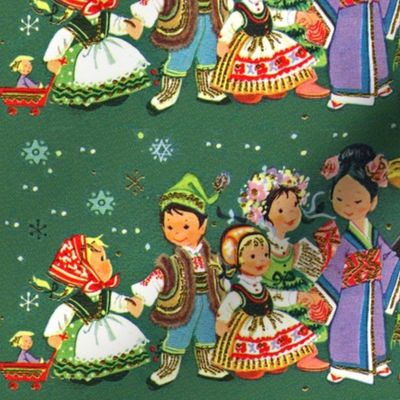 Merry Christmas snowflakes Santa Claus children folk traditional costumes eastern European girls boys Chinese aprons Chile Mexico cowboys dutch Eskimos cultures