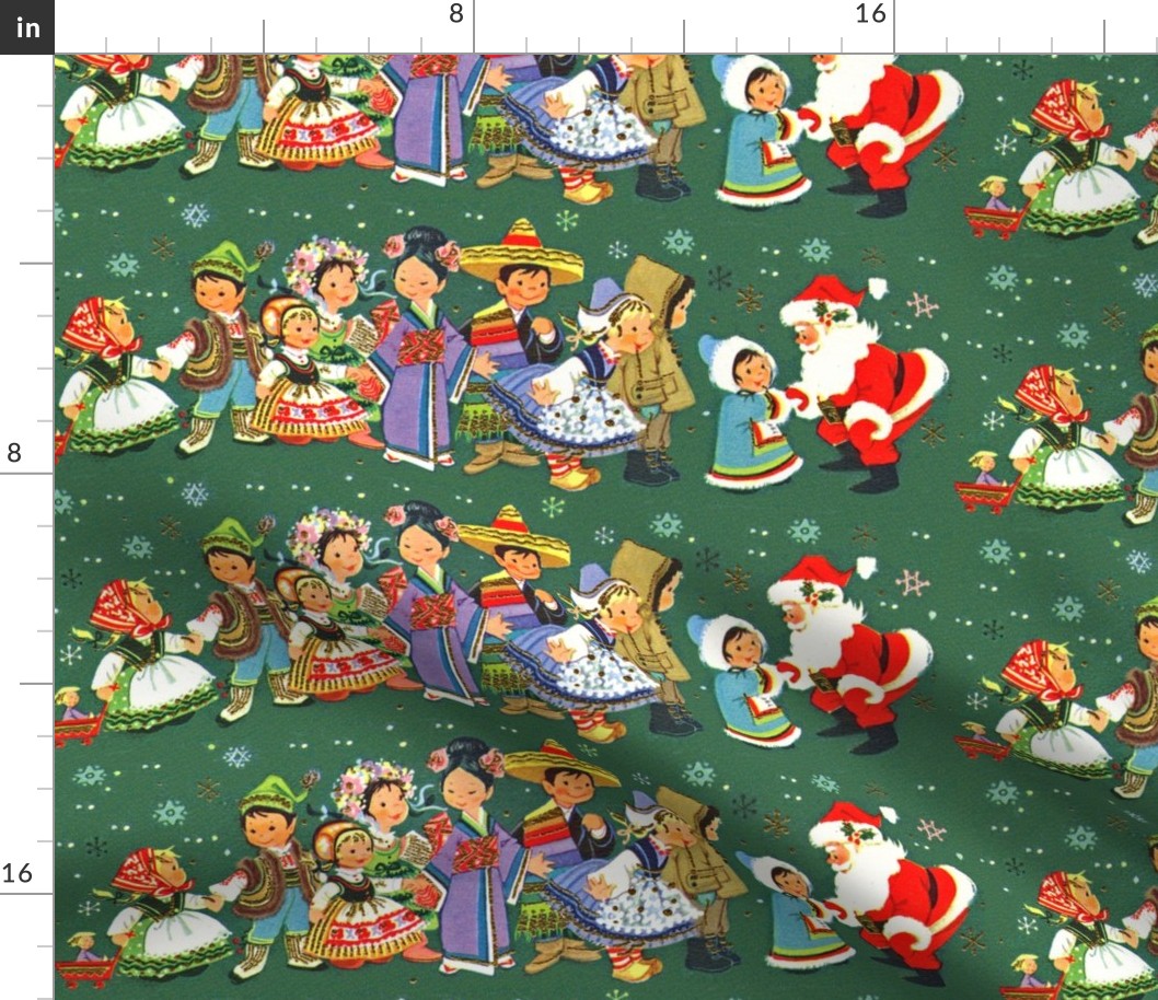 Merry Christmas snowflakes Santa Claus children folk traditional costumes eastern European girls boys Chinese aprons Chile Mexico cowboys dutch Eskimos cultures