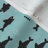 Cool blue geometric baby shark australian theme fish illustration in scandinavian winter and fall theme animals for kids