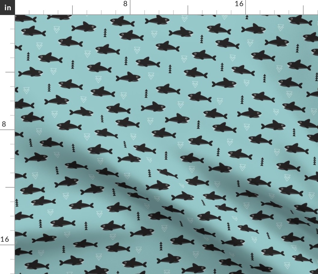 Cool blue geometric baby shark australian theme fish illustration in scandinavian winter and fall theme animals for kids