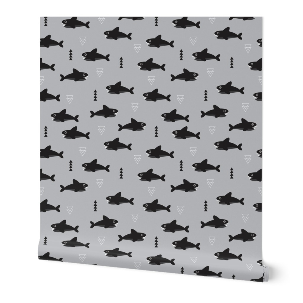 Cool gray geometric baby shark australian theme fish illustration in scandinavian gender neutral colors for kids