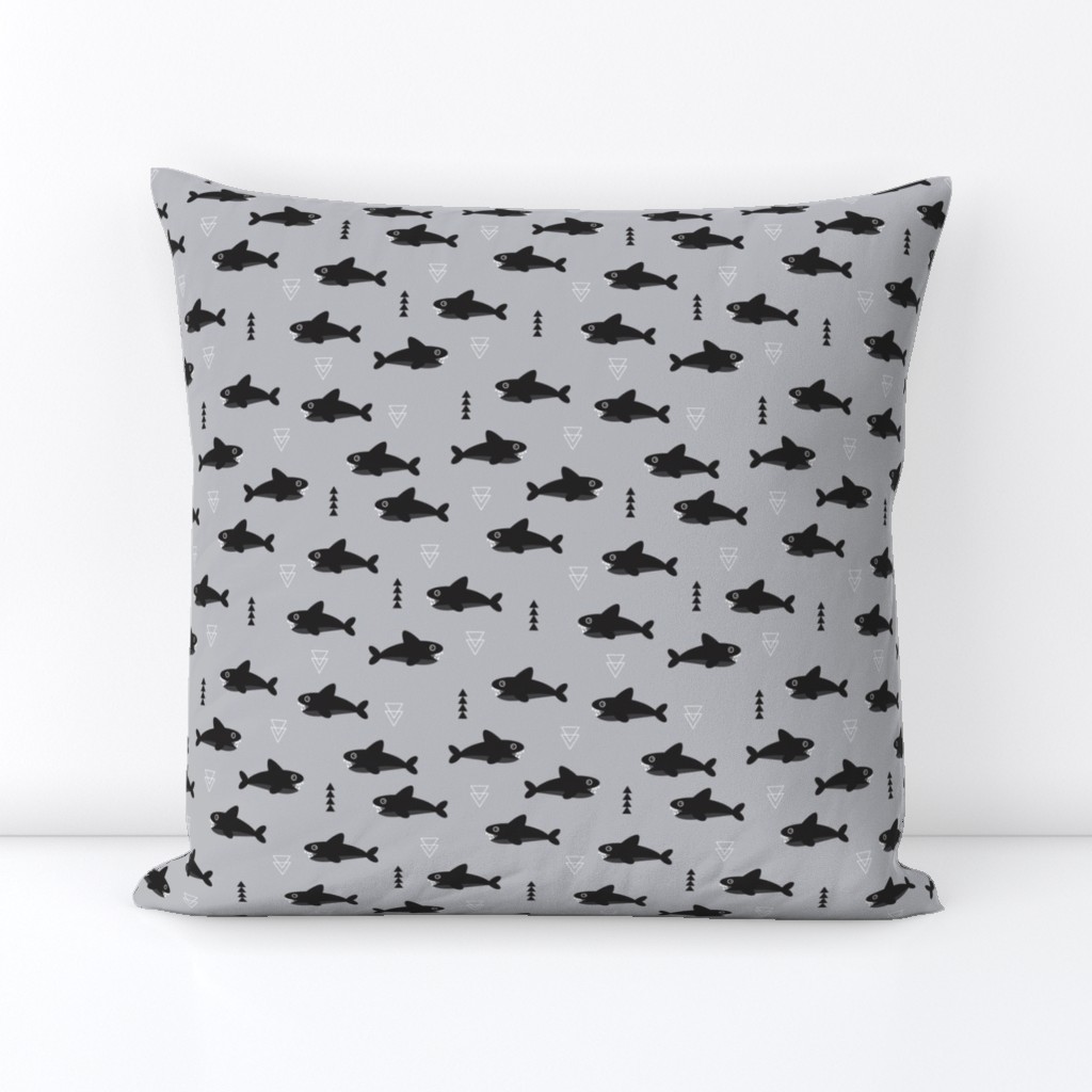 Cool gray geometric baby shark australian theme fish illustration in scandinavian gender neutral colors for kids