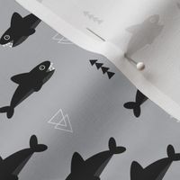 Cool gray geometric baby shark australian theme fish illustration in scandinavian gender neutral colors for kids