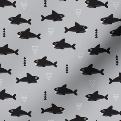 Cool gray geometric baby shark australian theme fish illustration in scandinavian gender neutral colors for kids