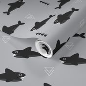 Cool gray geometric baby shark australian theme fish illustration in scandinavian gender neutral colors for kids