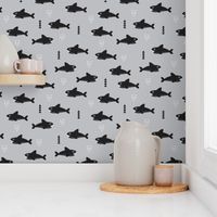 Cool gray geometric baby shark australian theme fish illustration in scandinavian gender neutral colors for kids