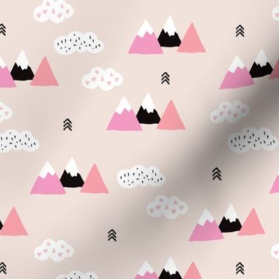 Girls fuji mountain geometric climbing landscape with soft pastel colors and white clouds