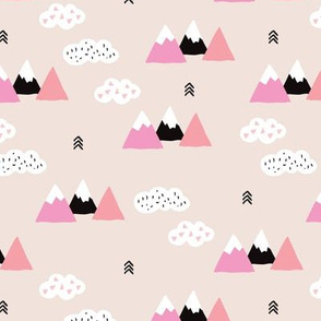 Girls fuji mountain geometric climbing landscape with soft pastel colors and white clouds