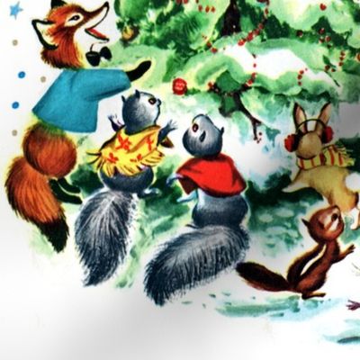 Merry Christmas snow winter flakes stars trees foxes squirrels rabbits bunny rats mouse mice bears skunks vintage retro kitsch celebration animals